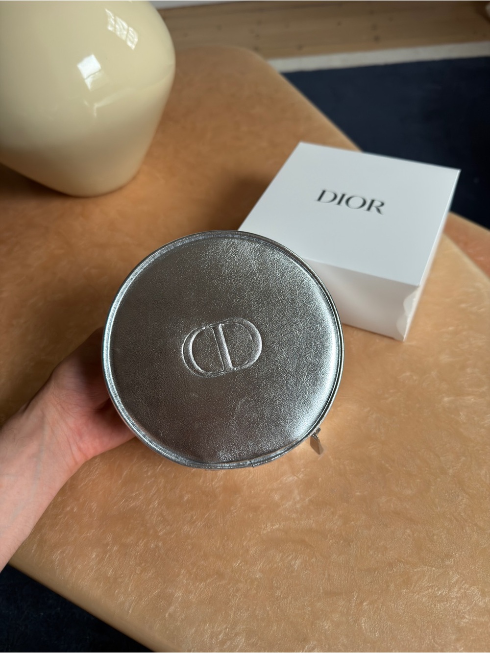 Dior Beauty Silver Round Embossed CD Makeup Case